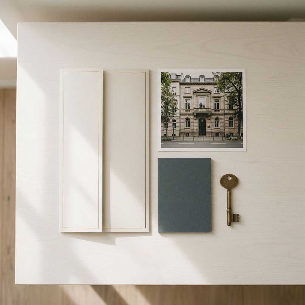 Moodboard: stille Mappe, Papier, Messing, weiches Vormittagslicht